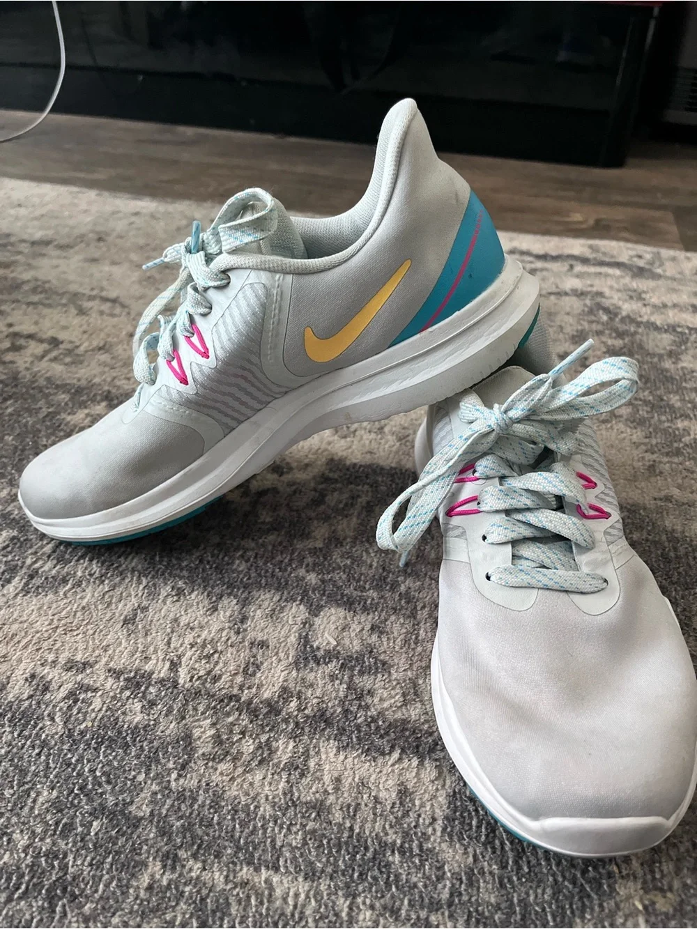 Nike Pale Gray Sneakers with Gold Swoosh and Pink Accents